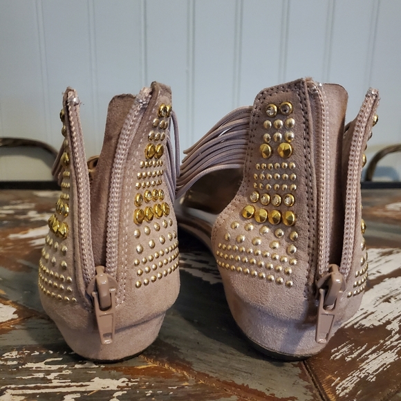 Rhinestoned Beige Sandals T Strap Zip Up Neutral Gold Silver US 8.5 - Picture 9 of 11